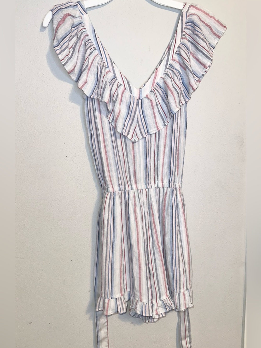 American Eagle Outfitters White Romper with Red & Blue Stripes